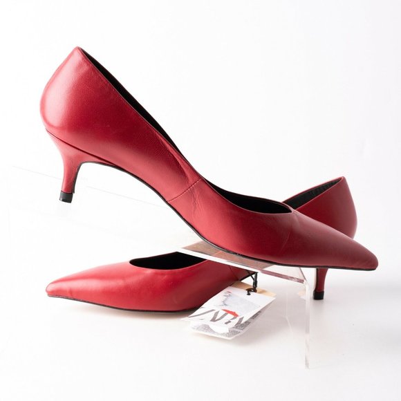 Zara Womens Red Leather Kitten Heels Pumps Shoes - Picture 3 of 9